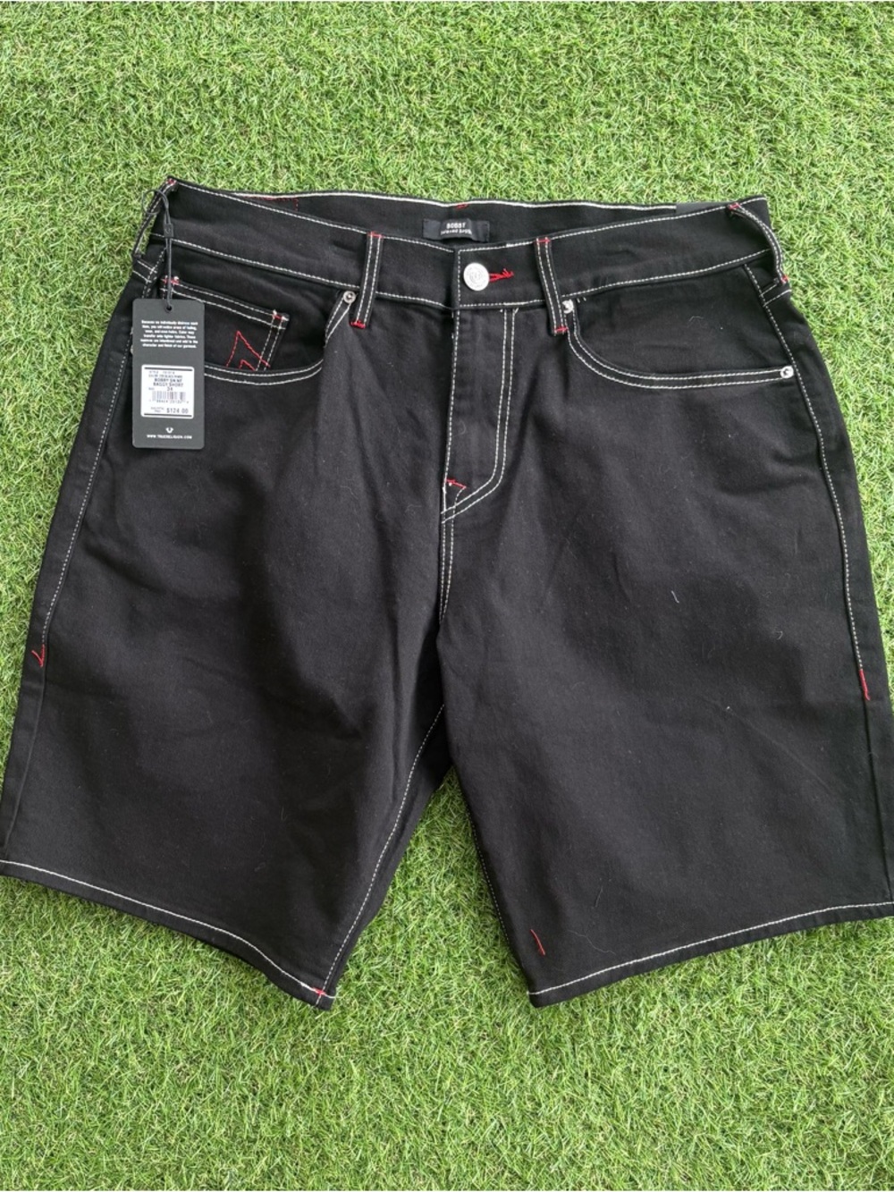 True Religion Bobby Relaxed Baggy Black Red Contrast Stitch Denim Shorts